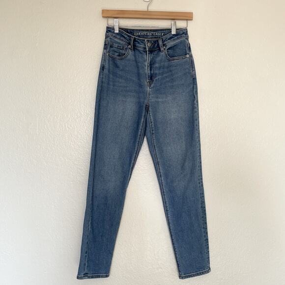 American Eagle Stretch Mom Jeans Classic Blue High Rise Tapered Ankle Length 0 - Picture 4 of 16